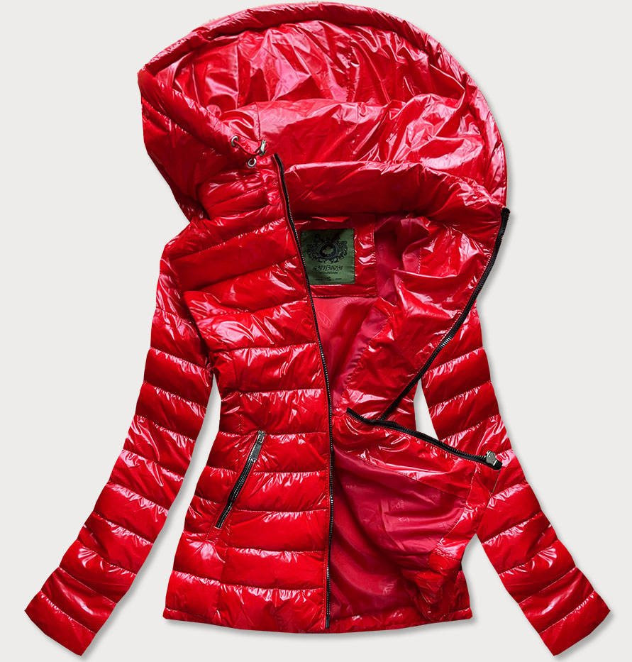 Krátká červená prošívaná dámská bunda s kapucí (CAN-333) odcienie czerwieni M (38)