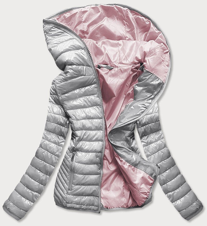Stříbrná prošívaná dámská bunda s kapucí (B9561) odcienie szarości XXL (44)