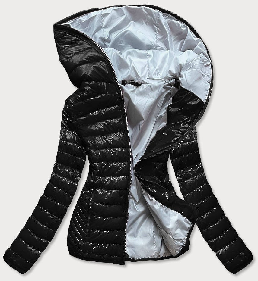Černá prošívaná dámská bunda s kapucí (B9561) černá L (40)