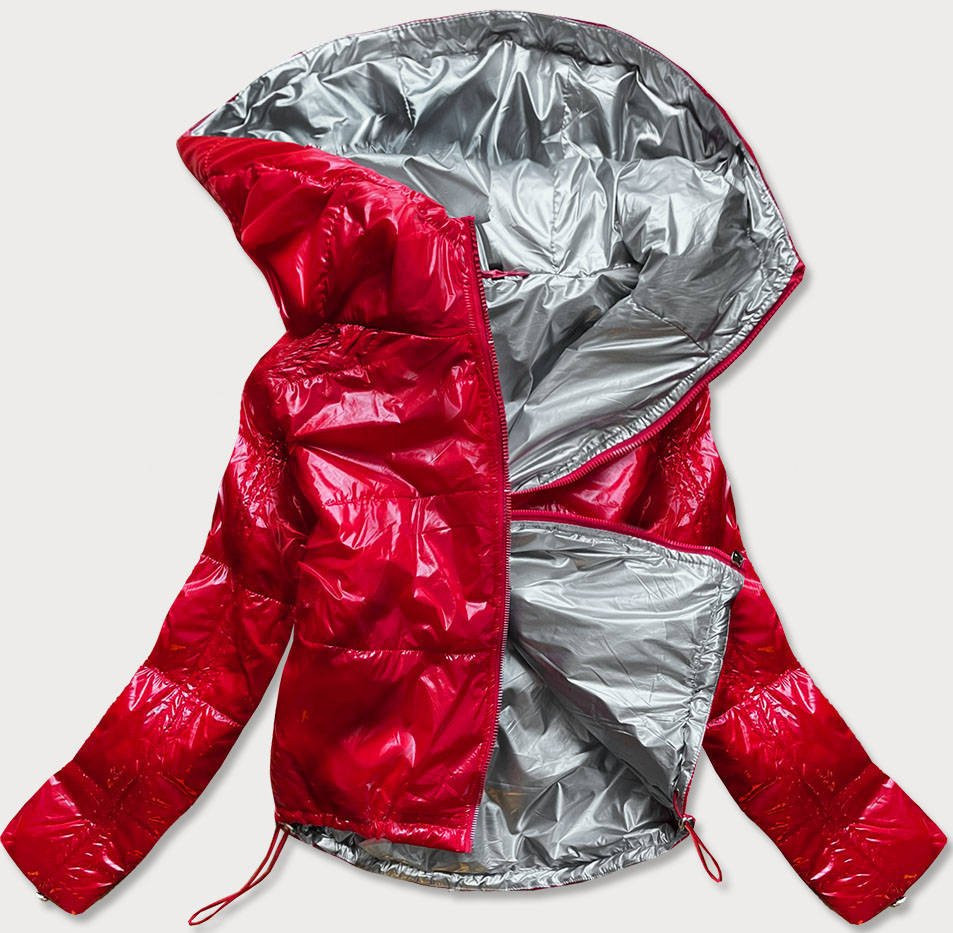 Lesklá červená prošívaná dámská bunda s kapucí (B9560) odcienie czerwieni L (40)