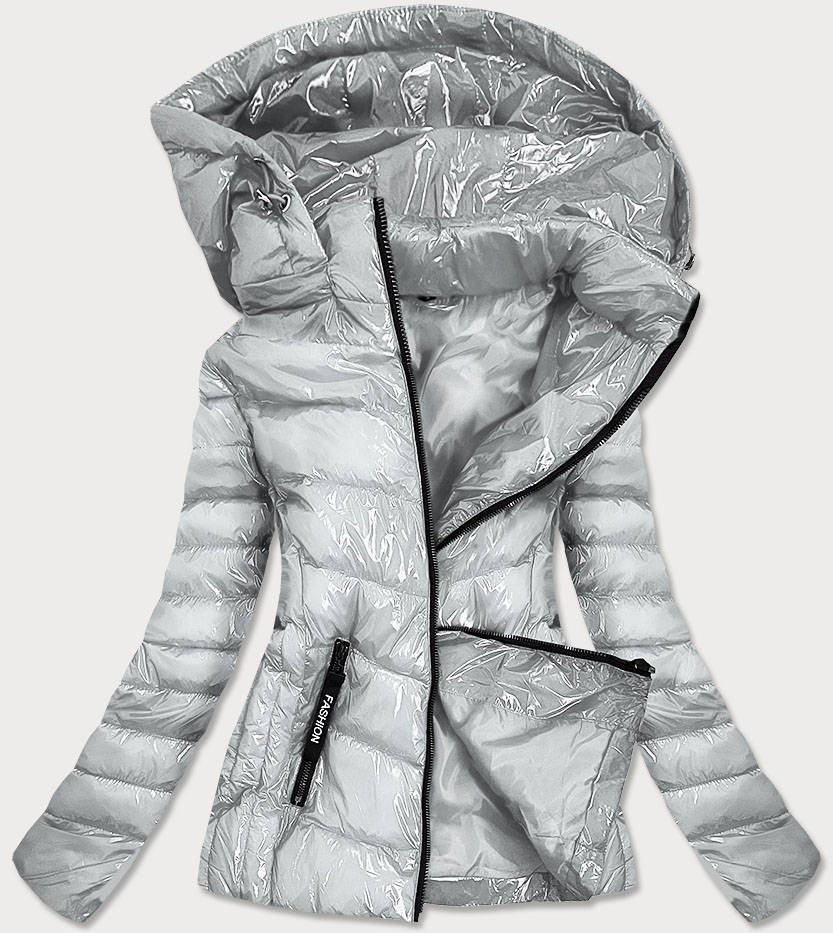 Lesklá stříbrná dámská bunda s kapucí (B9569) odcienie szarości S (36)