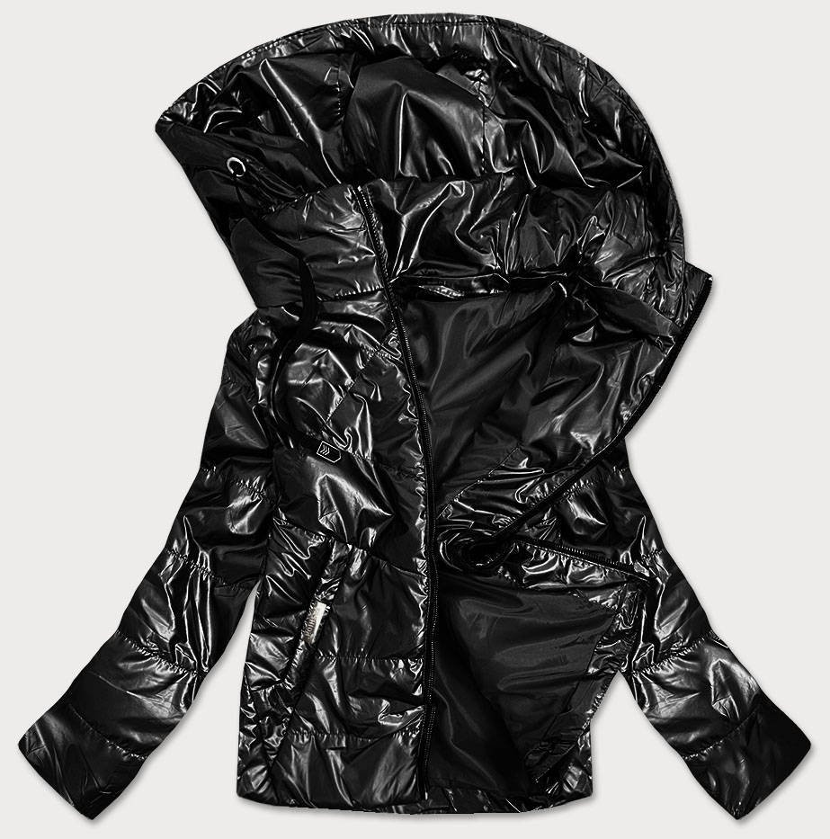 Lesklá černá dámská bunda s kapucí (B9575) odcienie czerni 46