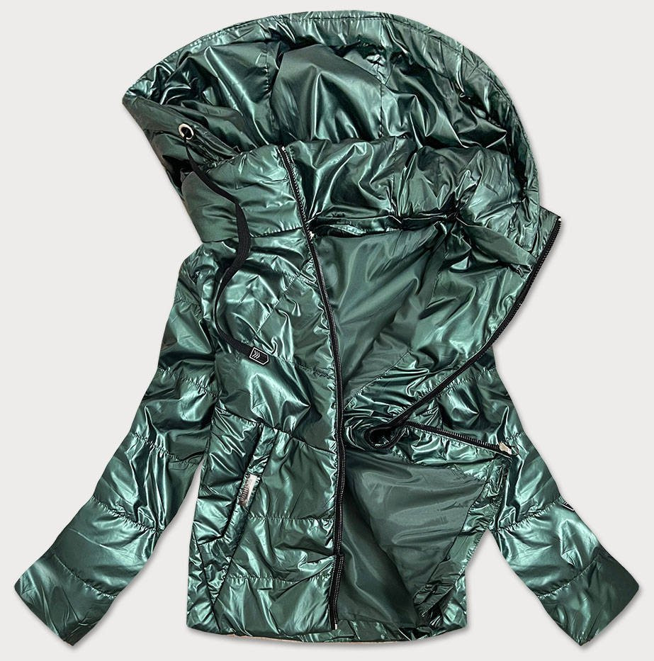 Zelená lesklá dámská bunda s kapucí (B9575) odcienie zieleni 48