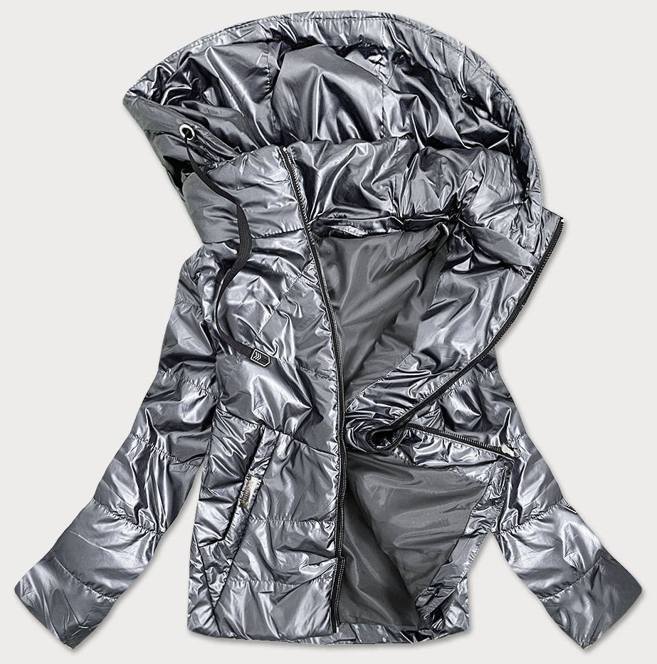 Stříbrná lesklá dámská bunda s kapucí (B9575) odcienie szarości 46