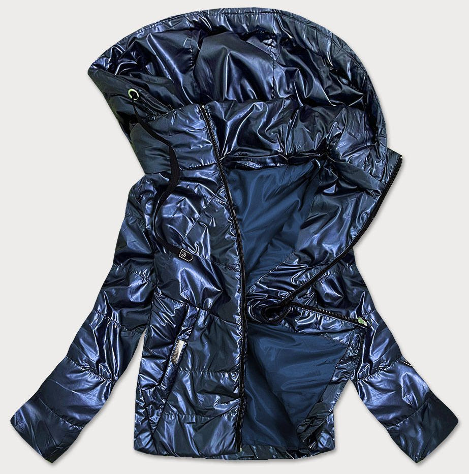 Tmavě modrá lesklá dámská bunda s kapucí (B9575) odcienie niebieskiego 48