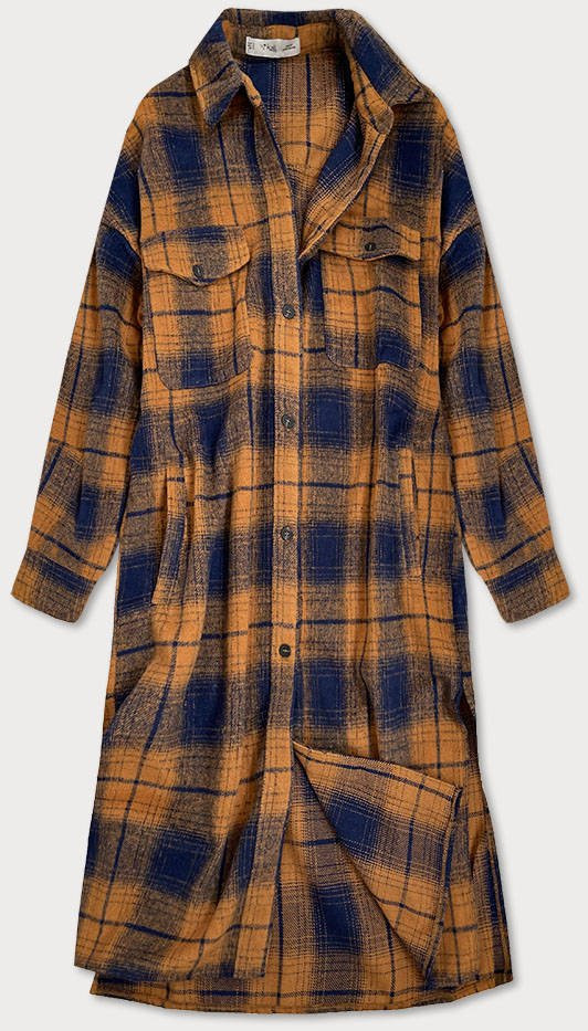 Hnědo-tmavě modrý dámský károvaný košilový kabát (8424) odcienie brązu S (36)