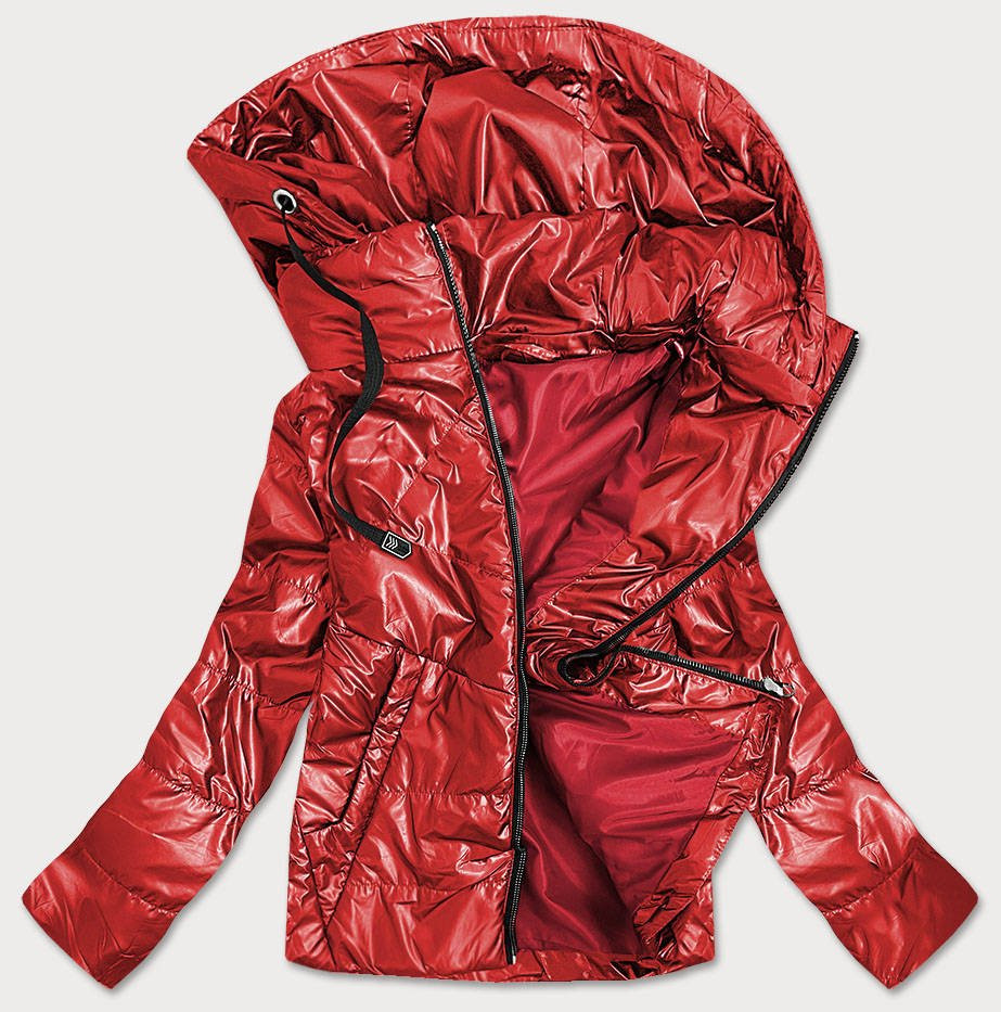 Červená lesklá dámská bunda s kapucí (B9575) odcienie czerwieni 46