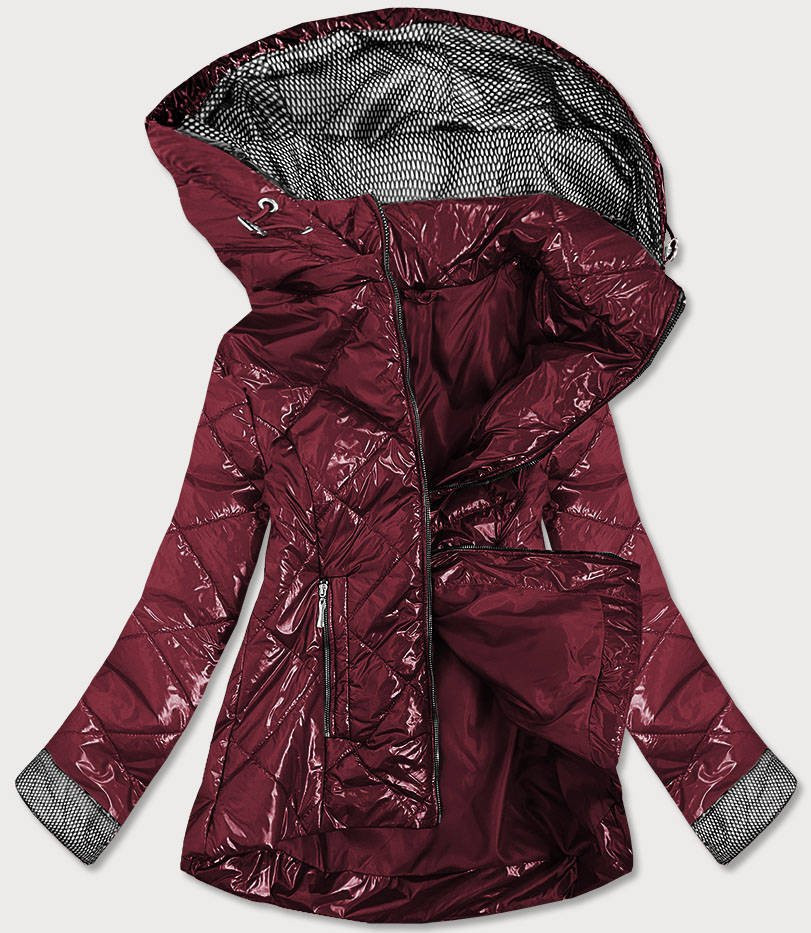 Lesklá prošívaná dámská bunda v bordó barvě (B9573) odcienie czerwieni 48