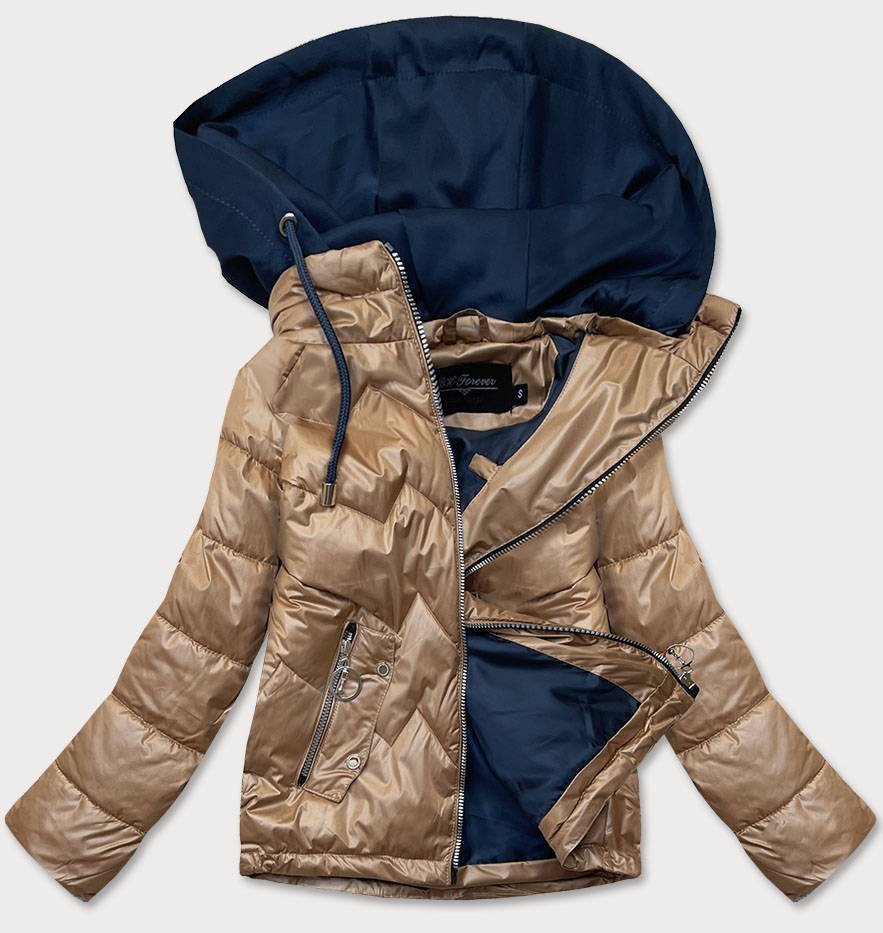 Karamelovo/modrá dámská bunda s kapucí (BH2003) odcienie brązu S (36)