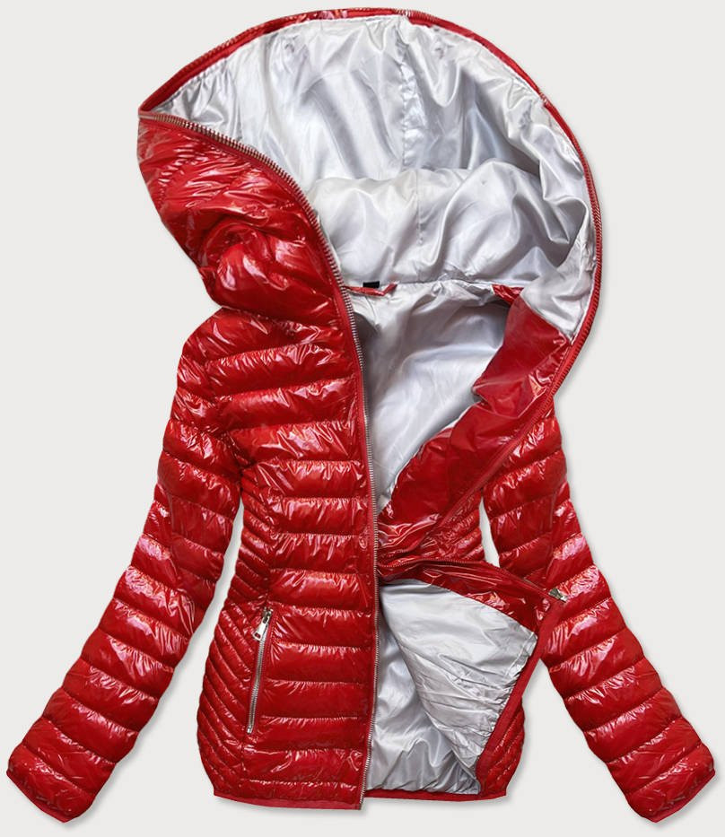 Červená prošívaná dámská bunda s kapucí (B9752) odcienie czerwieni XL (42)