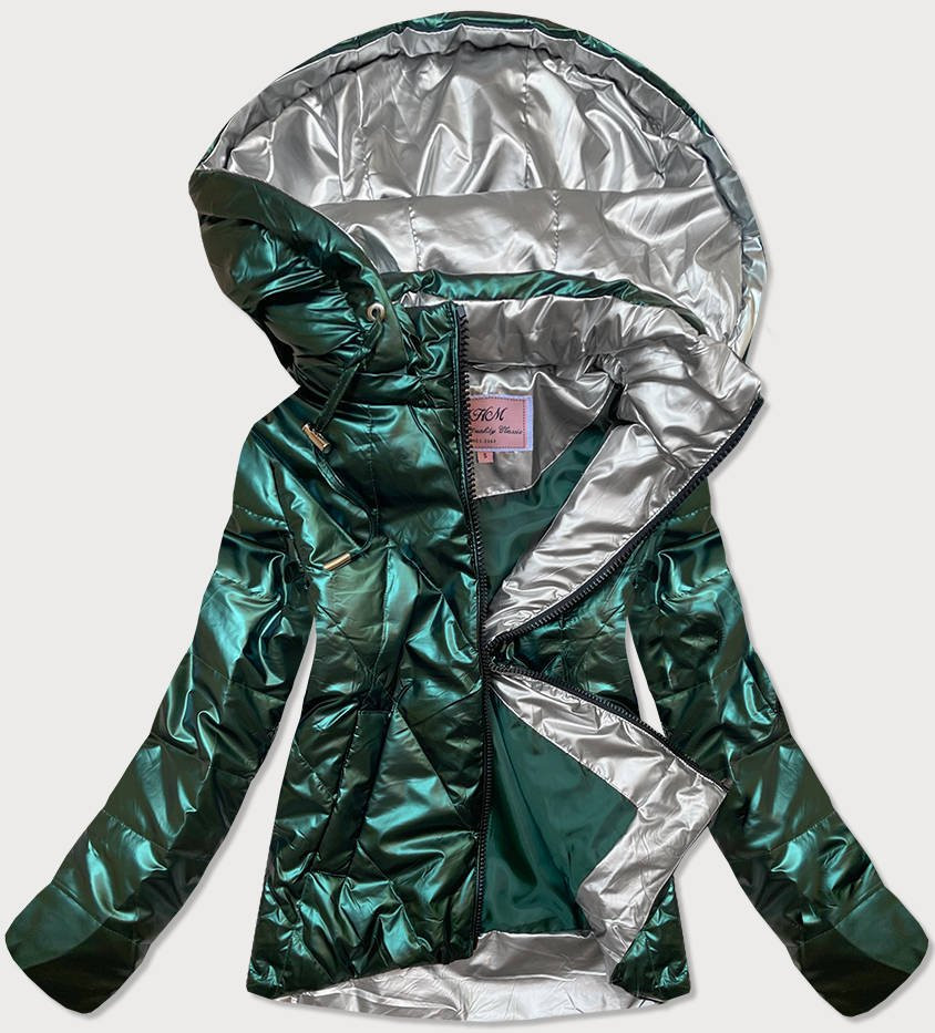 Krátká lesklá dámská bunda v lahvově zelené barvě (W586) odcienie zieleni XXL (44)