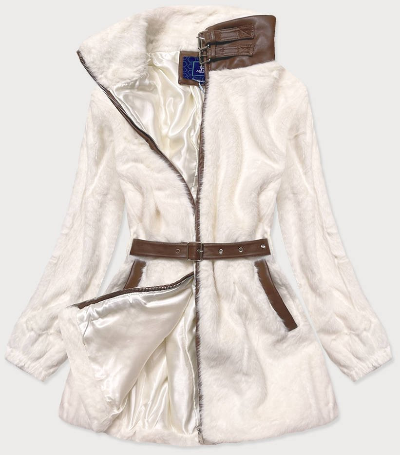 Kožešinová bunda v ecru barvě se stojáčkem (GSQ2228) odcienie beżu L (40)