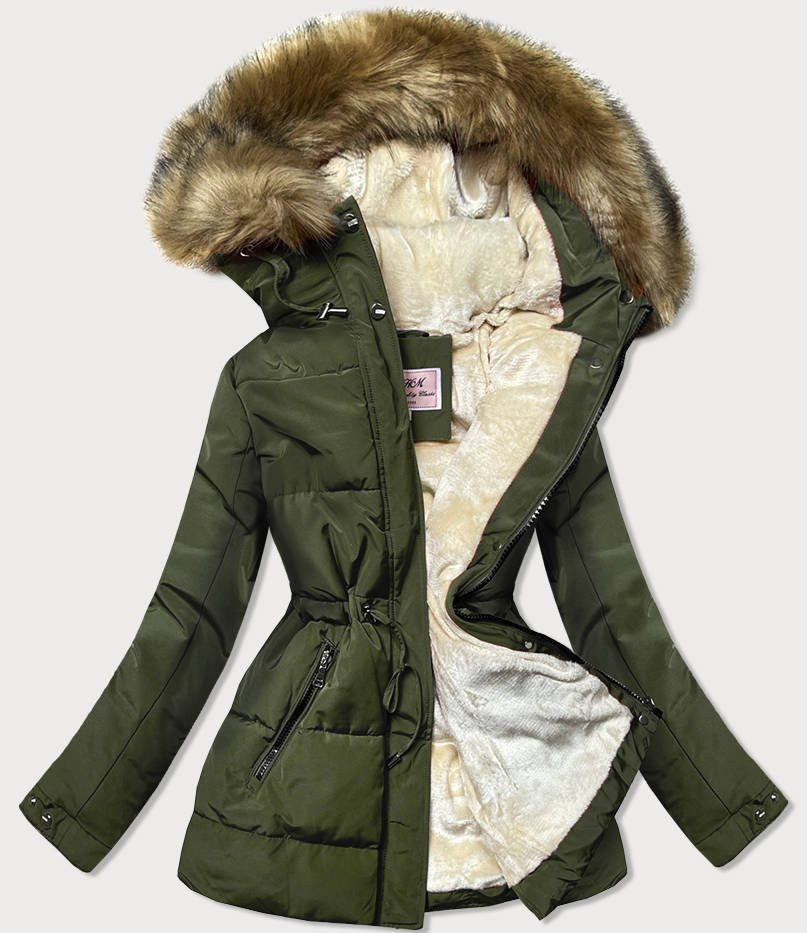 Khaki/hnědá dámská zimní bunda parka s mechovitým kožíškem (W560) odcienie zieleni XL (42)