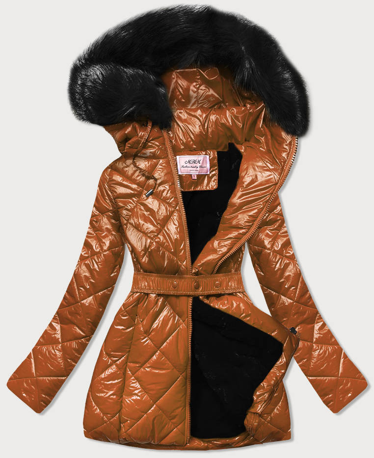 Lesklá zimní bunda v karamelové barvě s mechovitým kožíškem (W756) odcienie brązu S (36)