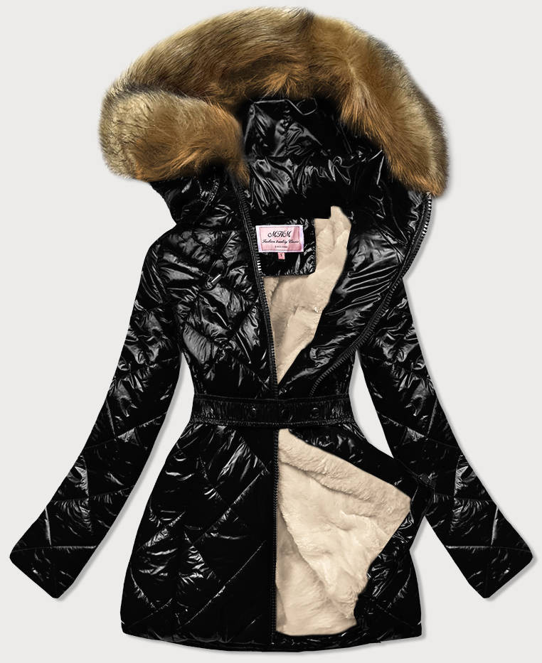 Černo/hnědá lesklá zimní bunda s mechovitým kožíškem (W756) odcienie brązu XXL (44)