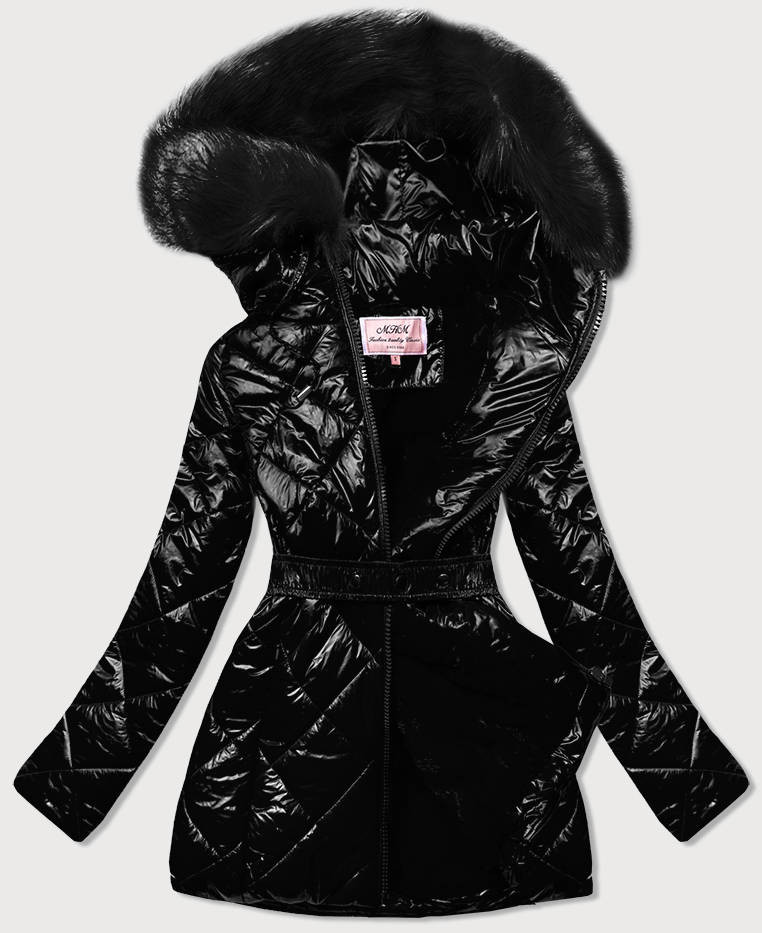 Černá lesklá zimní bunda s mechovitým kožíškem a s černou kožešinou (W756) odcienie czerni L (40)