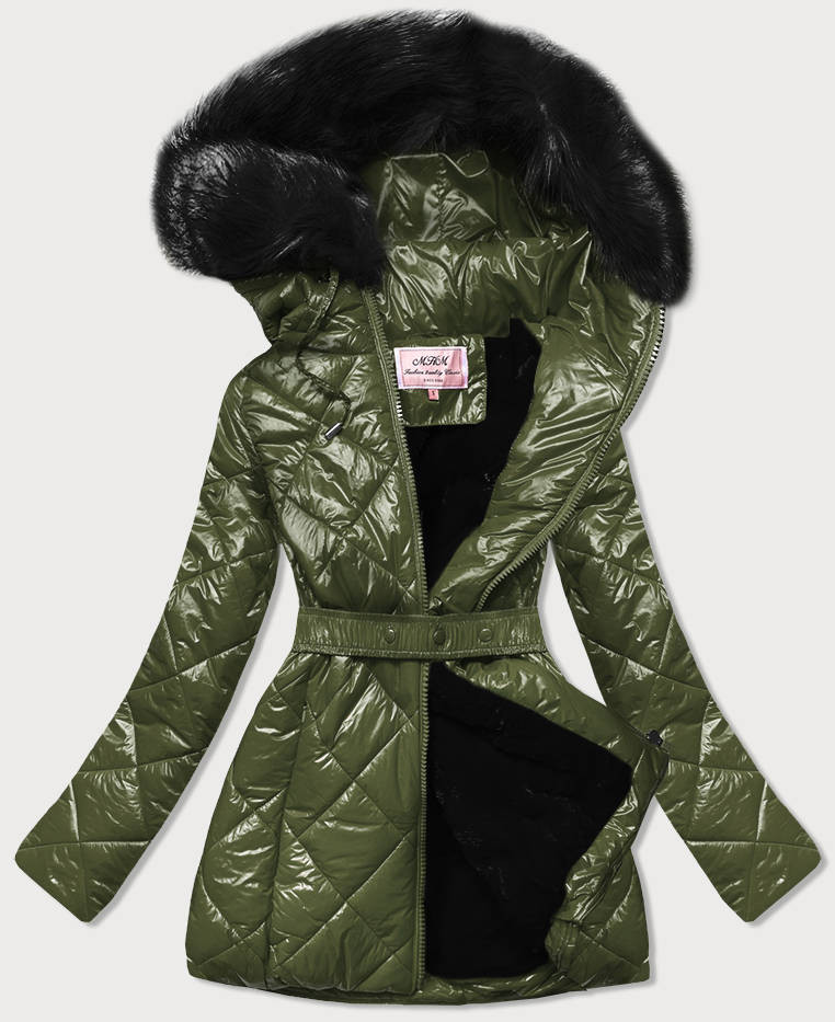 Lesklá zimní bunda v khaki barvě s mechovitým kožíškem (W756) odcienie zieleni S (36)