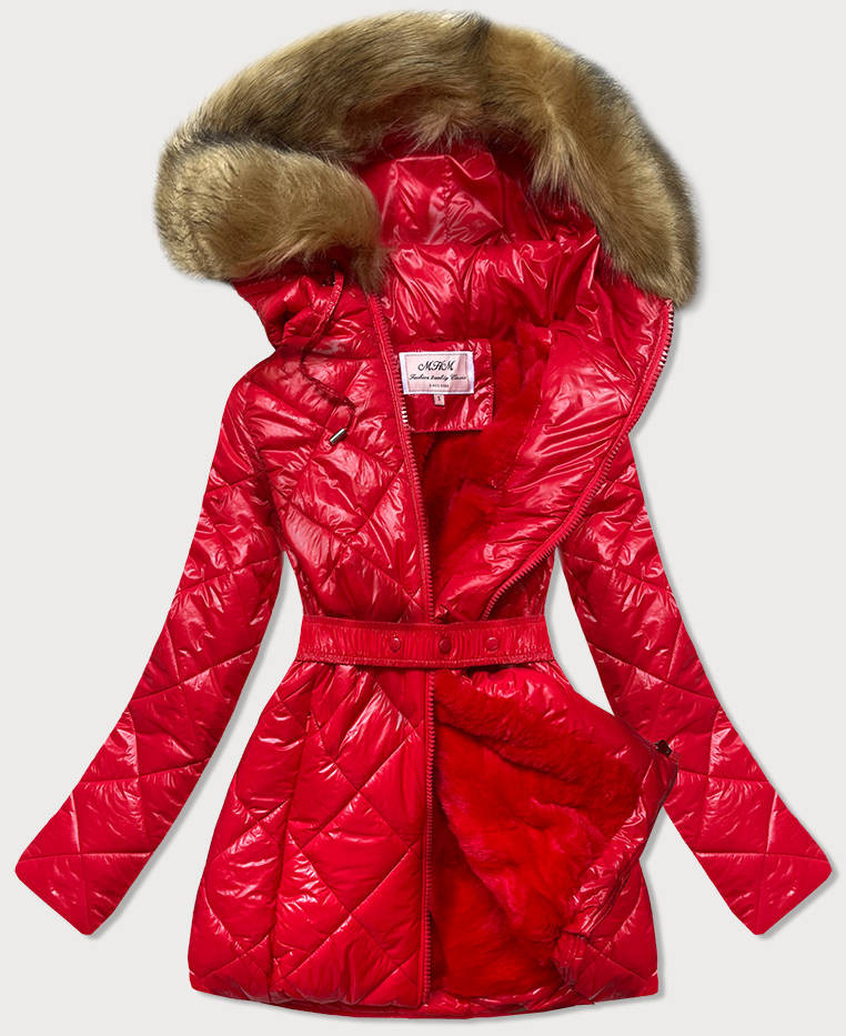 Lesklá červená zimní bunda s mechovitým kožíškem (W756) odcienie czerwieni XXL (44)