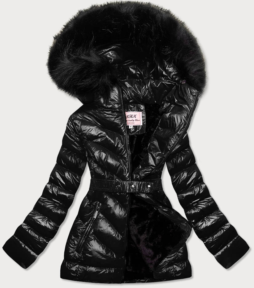 Černá lesklá zimní bunda s mechovitou kožešinou (W673) odcienie czerni XL (42)