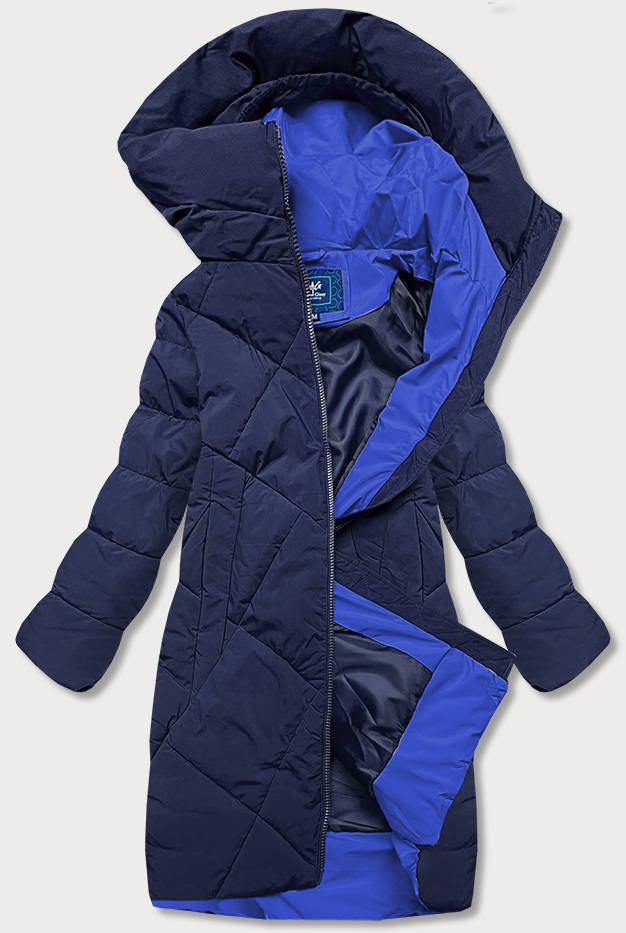 Tmavě modrá delší dámská zimní bunda s vysokým stojáčkem (J9-067) odcienie niebieskiego S (36)
