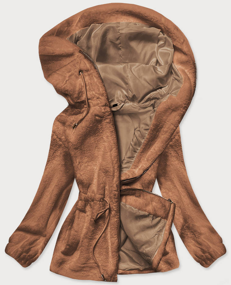 Hnědá kožešinová dámská bunda s kapucí (BR9596-12) odcienie brązu XL (42)