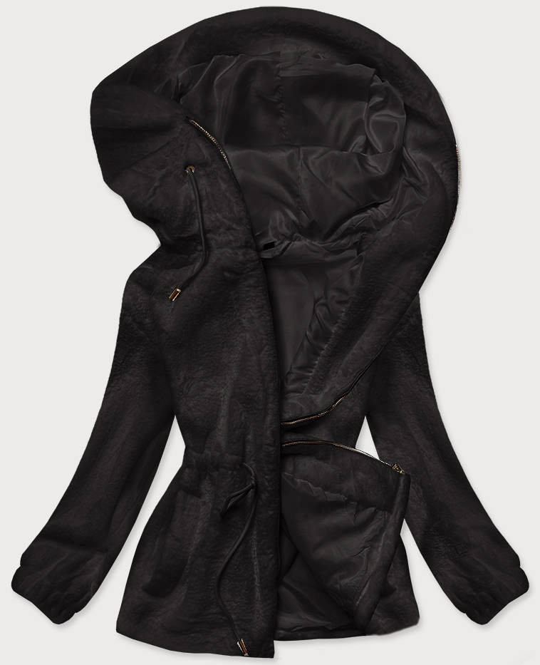 Černá kožešinová dámská bunda s kapucí (BR9596-1) odcienie czerni XXL (44)