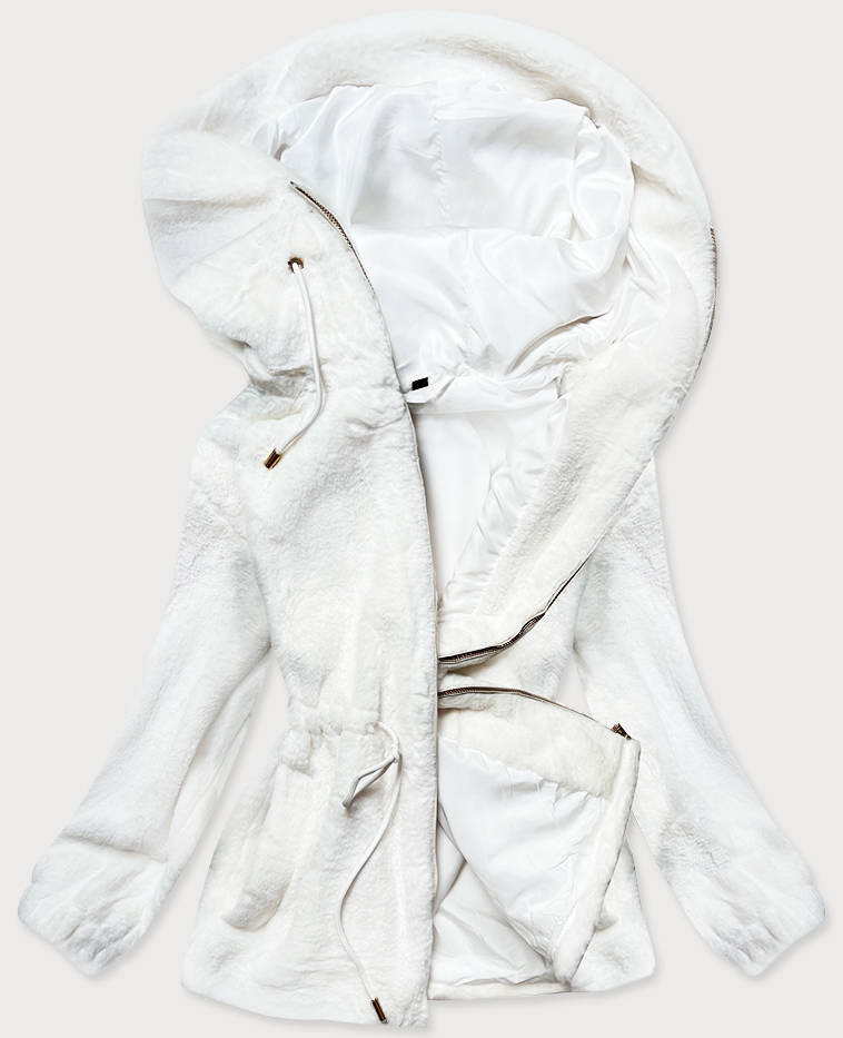Bílá kožešinová dámská bunda s kapucí (BR9596-26) odcienie bieli L (40)