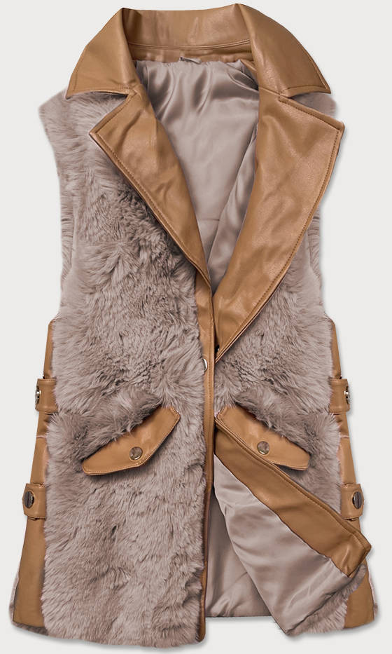 Elegantní vesta v karamelovo-béžové barvě z eko kůže a kožešiny (BR9592-48022) odcienie brązu XXL (44)