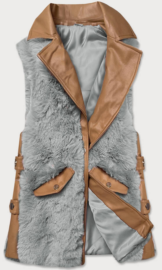 Elegantní vesta v karamelovo-šedé barvě z eko kůže a kožešiny (BR9592-9022) odcienie brązu XL (42)