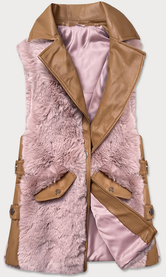 Elegantní vesta v karamelovo-růžové barvě z eko kůže a kožešiny (BR9592-51022) odcienie różu XL (42)