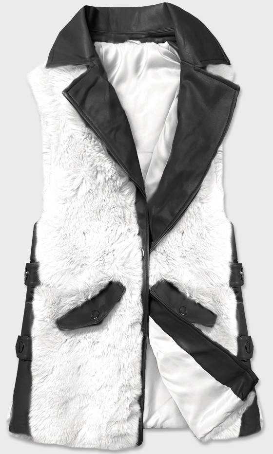Elegantní černo-bílá vesta z ekokůže a kožešiny (BR9592-2601) odcienie bieli S (36)