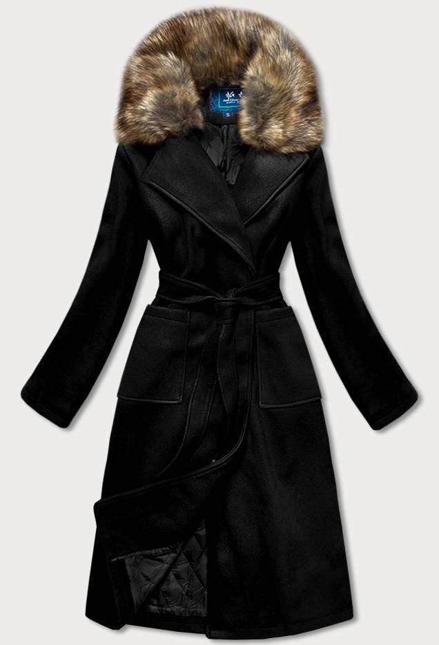 Černý dámský kabát s kožíškem (SASKIA) odcienie czerni S (36)