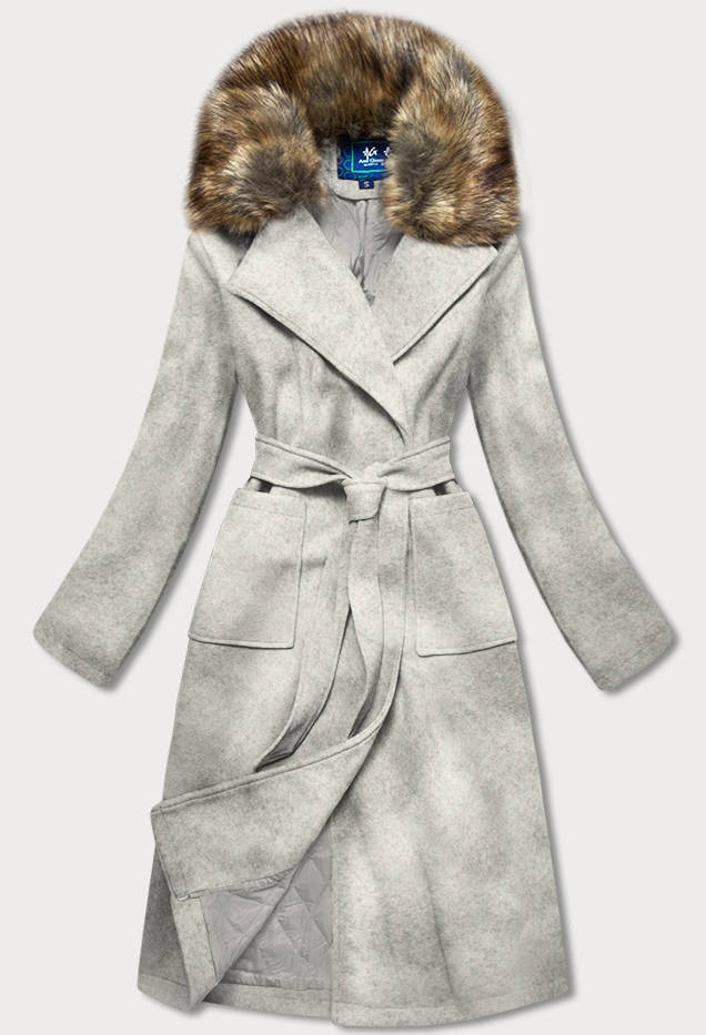 Světle šedý dámský kabát s kožíškem (SASKIA) šedá S (36)