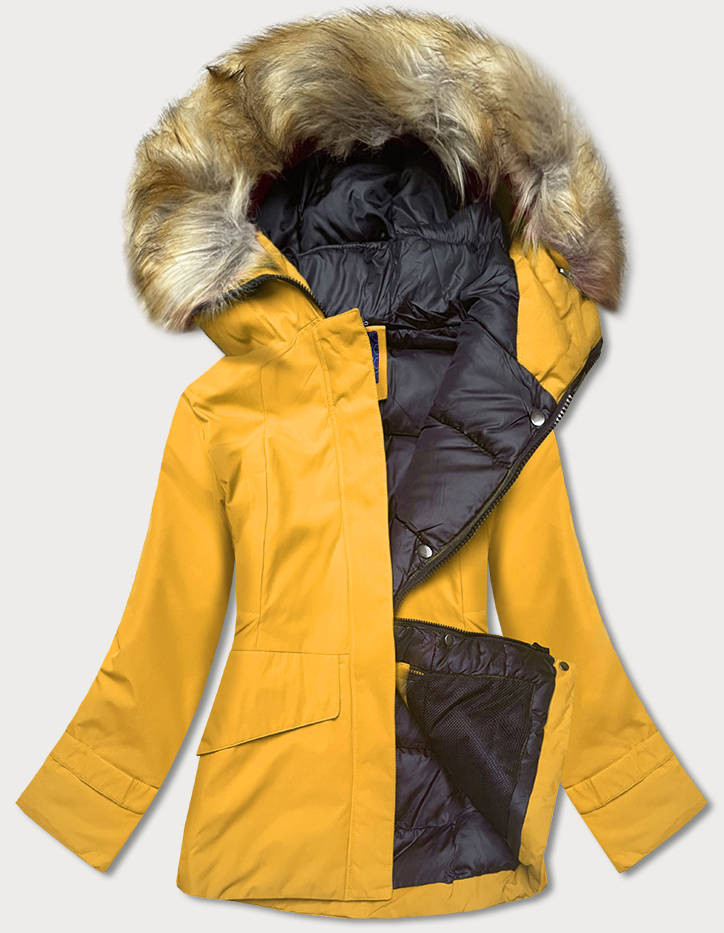 Žlutá dámská zimní bunda s kapucí (J9-066) odcienie żółtego L (40)