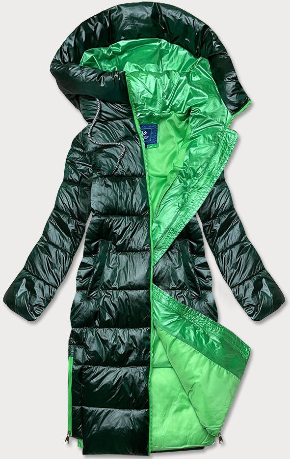 Dlouhá zelená dámská zimní bunda s kontrastní podšívkou (j9-063) odcienie zieleni S (36)