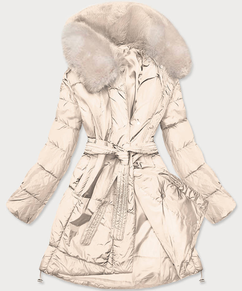 Béžový dámský zimní kabát s kožešinou (008) odcienie beżu XL (42)