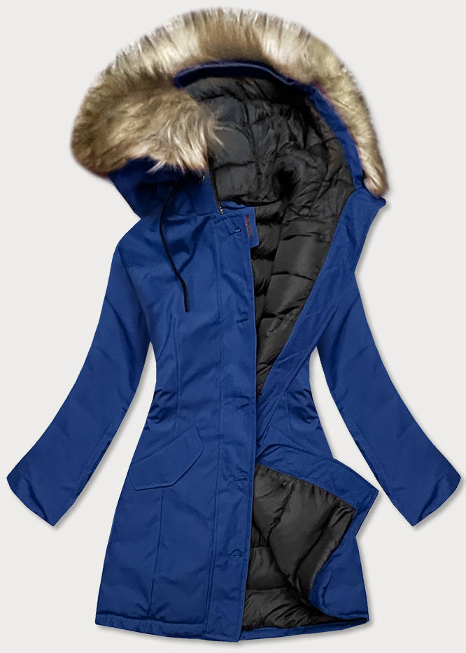 Tmavě modrá dámská zimní bunda s kapucí (J9-065) odcienie niebieskiego S (36)