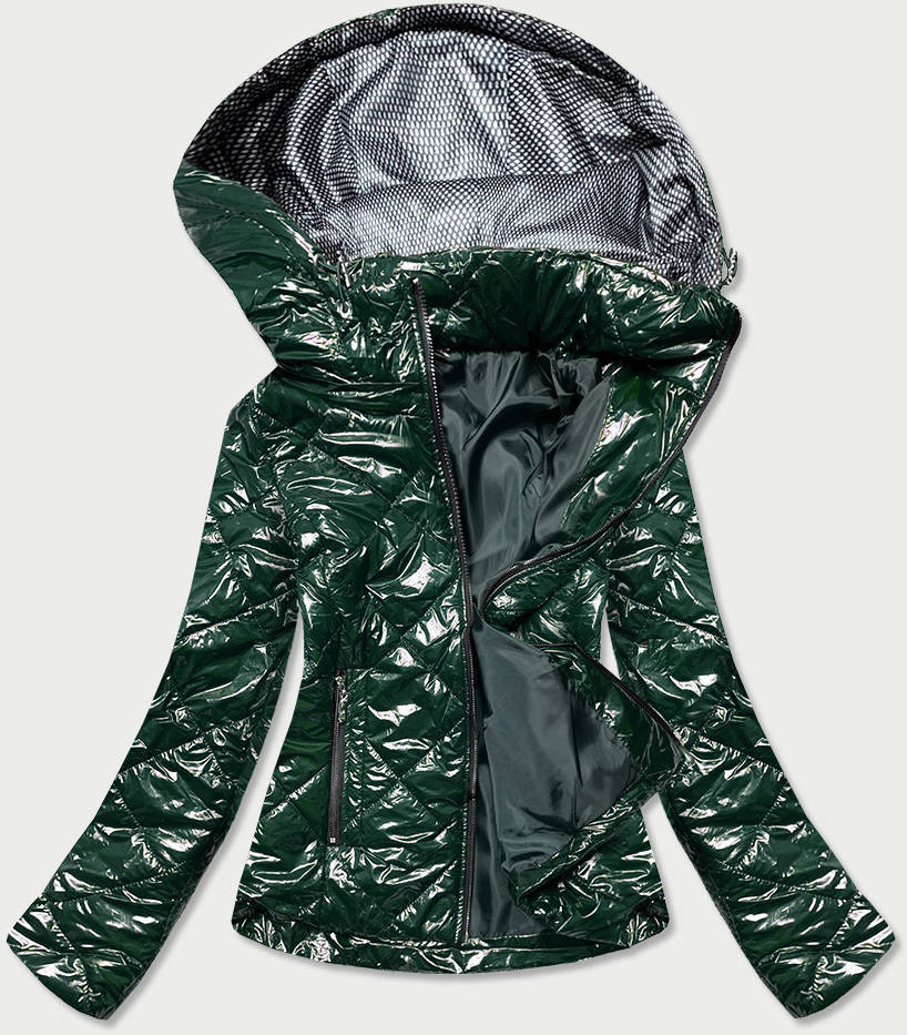 Lesklá dámská bunda v lahvově zelené barvě (BR9756-10) odcienie zieleni 46