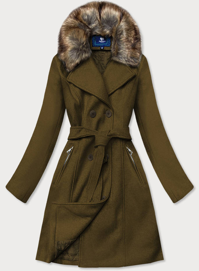 Dámský kabát v khaki barvě s kožešinou (JC241) odcienie zieleni S (36)
