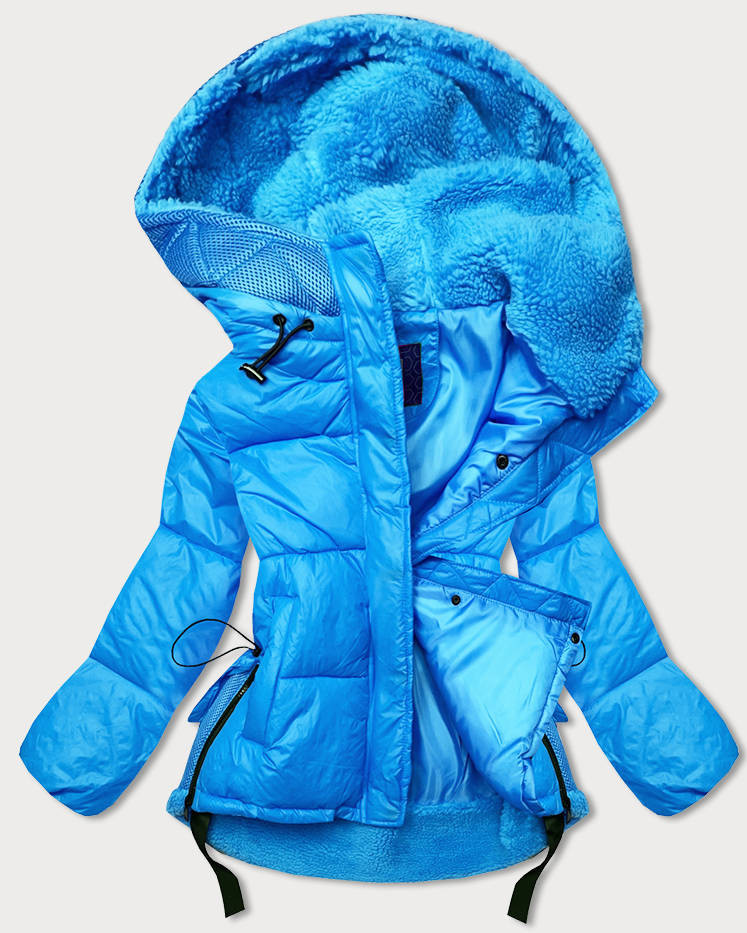 Světle modrá krátká dámská zimní bunda s kapucí (JIN211) odcienie niebieskiego S (36)