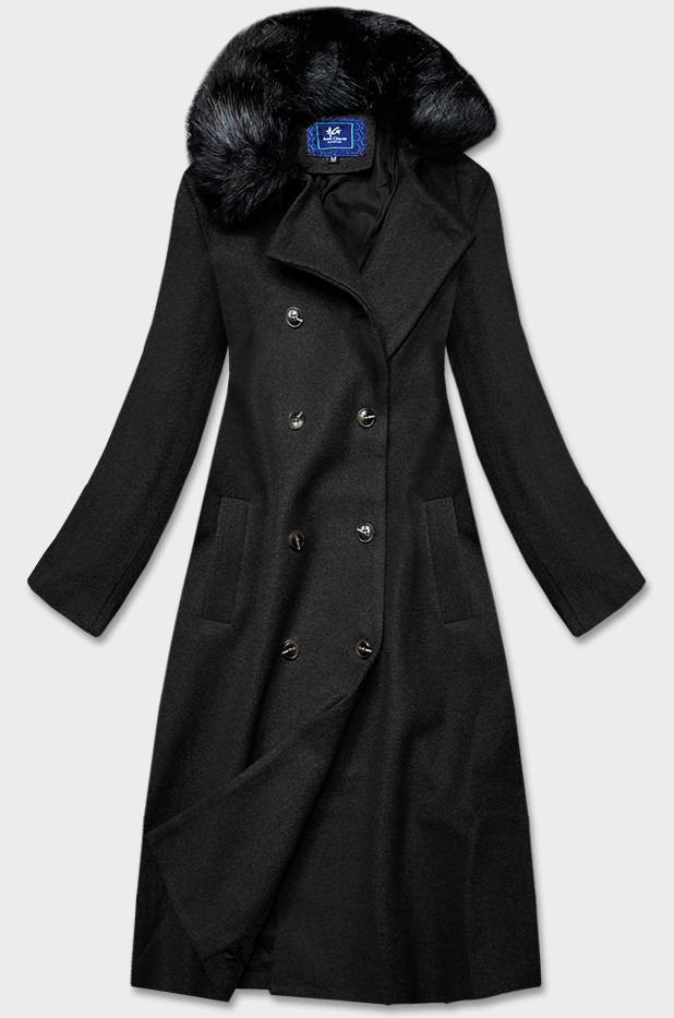 Dlouhý černý kabát s kožešinovým límcem (20201202) odcienie czerni S (36)