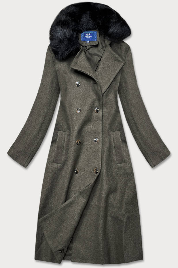 Dlouhý kabát v khaki barvě s kožešinovým límcem (20201202) odcienie zieleni XL (42)