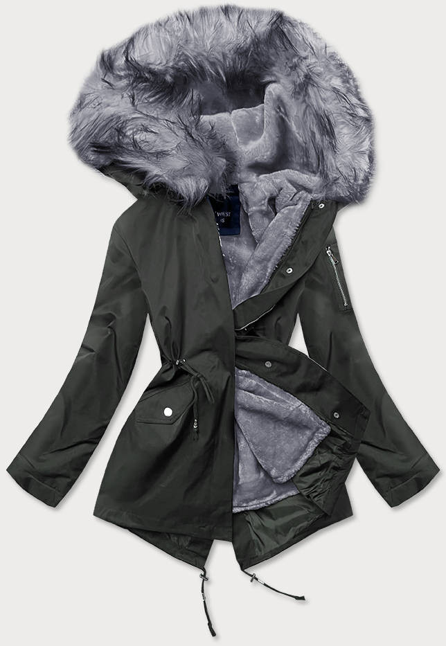 Khaki-šedá dámská zimní bunda parka s odepínací podšívkou (B533-11070) odcienie zieleni XL (42)