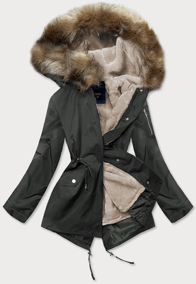 Khaki-hnědá dámská zimní bunda parka s odepínací podšívkou (B533-1107) odcienie zieleni XL (42)