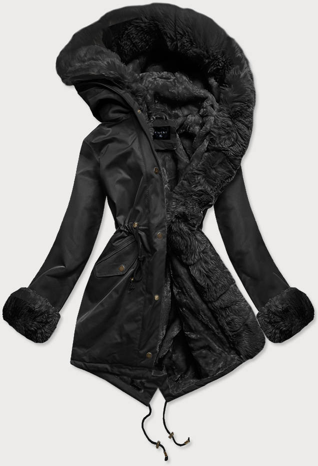 Černá dámská zimní bunda parka s mechovitým kožíškem (BR529-101) odcienie czerni 46