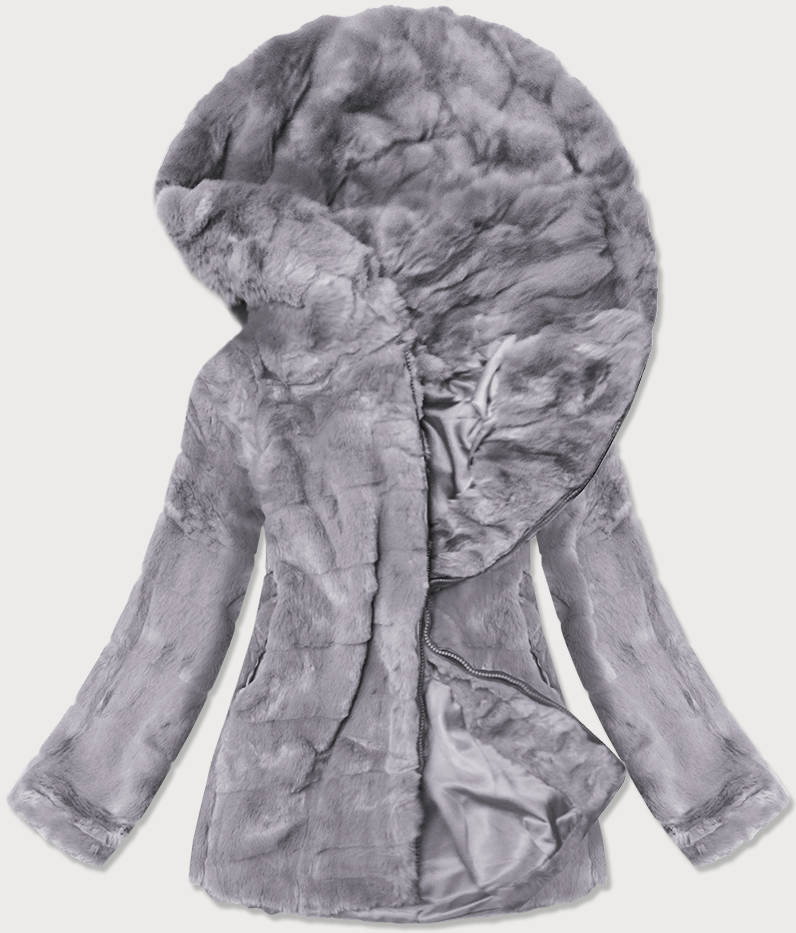 Šedá dámská bunda - kožíšek s kapucí (BR9742-9) odcienie szarości XL (42)