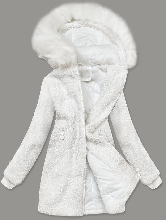 Bílá dámská bunda "beránek" s kapucí (H-1030-82) odcienie bieli XL (42)