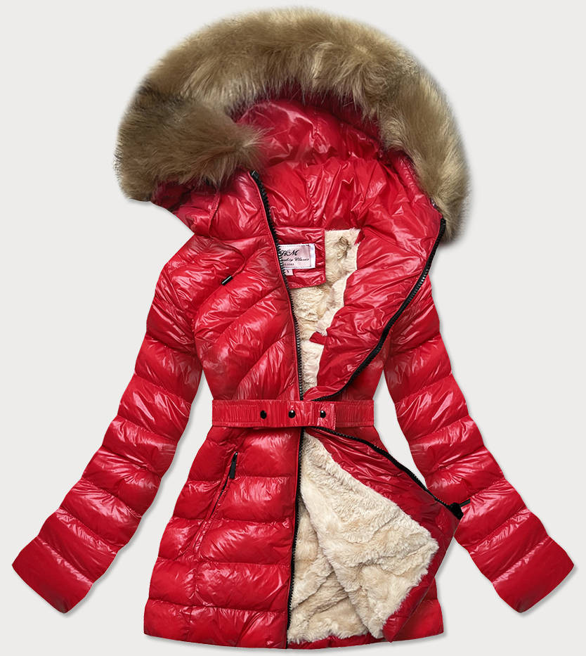 Lesklá červená zimní bunda s mechovitým kožíškem (W674) odcienie czerwieni XXL (44)
