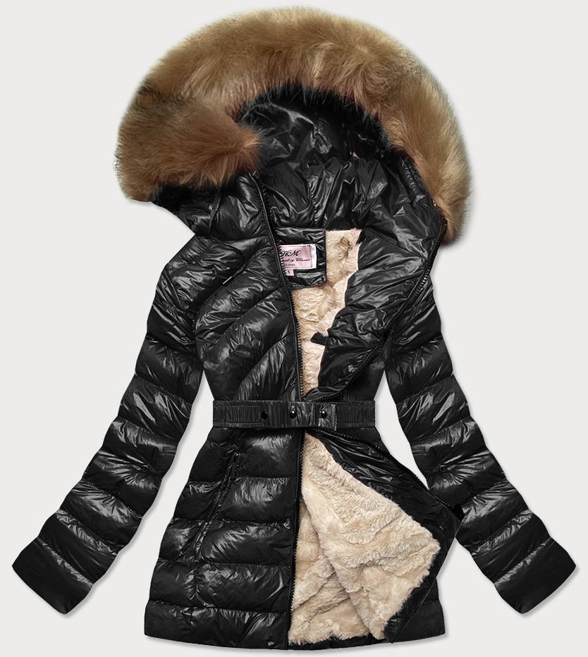 Černo-béžová lesklá zimní bunda s mechovitou kožešinou (W674) odcienie czerni XXL (44)