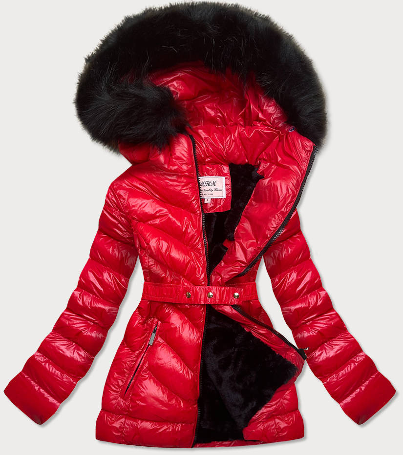 Červená lesklá zimní bunda s mechovitou kožešinou (W673) odcienie czerwieni XL (42)